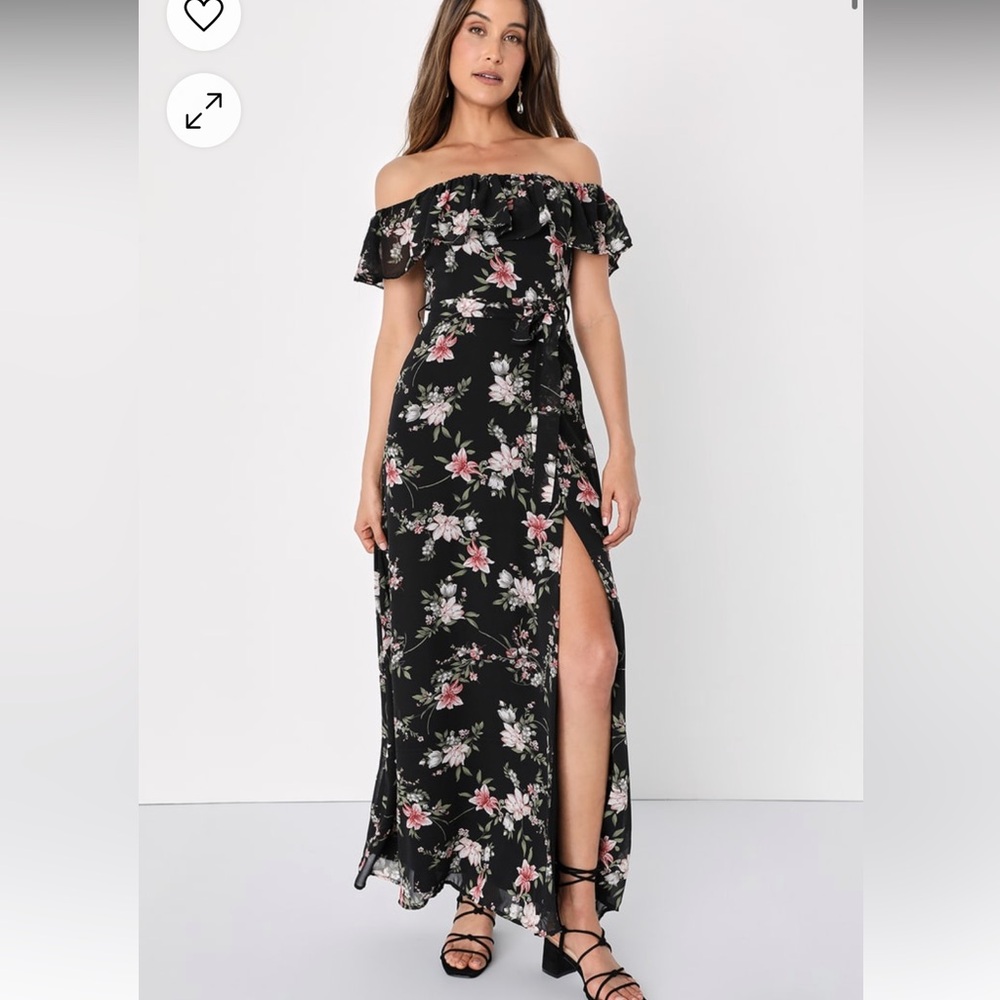 Lulu’s Black Floral Print Off-the-Shoulder Dress